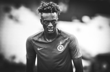 İstanbul, Türkiye - 14 Ağustos 2019: Chelsea Tammy Abraham Uefa Süper Kupası Finalleri öncesinde Vodafone Arena, Türkiye 'deki Vodafone Park' ta Liverpool ve Chelsea arasında oynanan karşılaşma öncesi antrenman oturumu