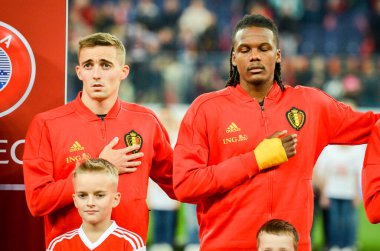SAINT-PETERSBURG, RUSSIA - November 16, 2019: Dedryck Boyata and Timothy Castagne during UEFA EURO 2020 qualifying match between Russia against Belgium national team, Russia