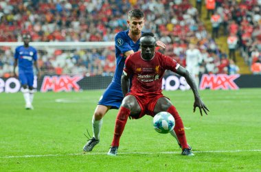 Istanbul, Turkey - August 14, 2019: Jorginho and Sadio Mane during the UEFA Super Cup Finals match between Liverpool and Chelsea at Vodafone Park in Vodafone Arena, Turkey