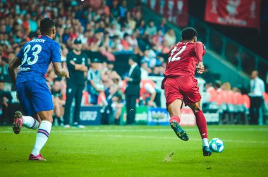 Istanbul, Turkey - August 14, 2019: Emerson and Joe Gomez during the UEFA Super Cup Finals match between Liverpool and Chelsea at Vodafone Park in Vodafone Arena, Turkey