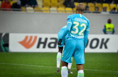 Lviv, Ukrayna - 28 Kasım 2019: Alexandria (Ukrayna) ile Wolfsburg (Almanya), Ukrayna arasındaki Uefa Avrupa Ligi maçı sırasında Marcel Tisserand oyuncusu