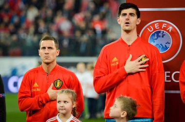 SAINT-PETERSBURG, RUSSIA - November 16, 2019:  Eden Hazard and Thibaut Courtois during UEFA EURO 2020 qualifying match between national team Russia against Belgium, Russia