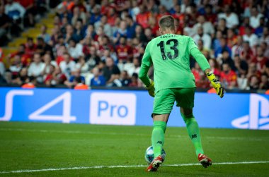 İstanbul, Türkiye - 14 Ağustos 2019: Vodafone Arena, Türkiye 'deki Vodafone Park' ta Liverpool ile Chelsea arasında oynanan Uefa Süper Kupası Finalleri 'nde Adrian oyuncusu