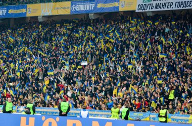 Kyiv, Ukrayna - 14 Ekim 2019: Uefa Euro 2020 ön eleme karşılaşmasında Ukrayna taraftarları Portekiz, Ukrayna 'ya karşı milli takım Ukrayna