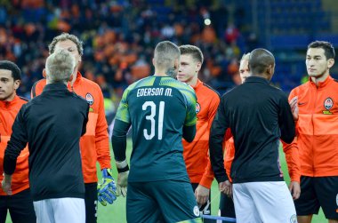 KHARKIV, UKRAINE - September 18, 2019: Ederson and  Fernandinho during the UEFA Champions League match between Shakhtar Donetsk vs Manchester City (England), Ukraine