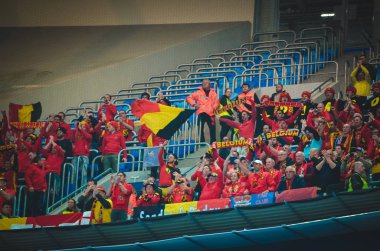 SAINT-PETERSBURG, RUSSIA - November 16, 2019: Belgium Football fans celebrate victory after UEFA EURO 2020 qualifying match between national team Russia against Belgium, Russia