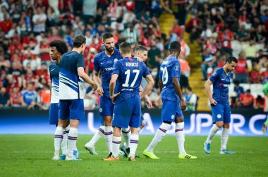 Istanbul, Turkey - August 14, 2019: Chelsea player  during half-time break during the UEFA Super Cup Finals match between Liverpool and Chelsea at Vodafone Park in Vodafone Arena, Turkey