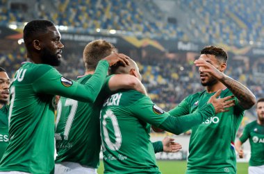 LVIV, UKRAINE - November 07, 2019: Robert Beric  and Wahbi Khazri celebrate goal scored during the UEFA Europa League match between Alexandria vs AS Saint Etienne (France), Ukraine