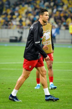 Kyiv, Ukrayna - 14 Ekim 2019: Uefa Euro 2020 ön eleme maçında Ukrayna milli takımı Ukrayna ile Ukrayna milli takımı arasında oynanan Cristiano Ronaldo