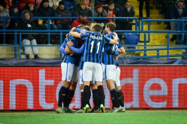 KHARKIV, UKRAINE - December 11, 2019: Atalanta BC  player celebrate goal scored during the UEFA Champions League match between Shakhtar vs Atalanta Bergamasca Calcio BC (Italy), Ukraine