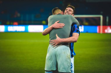 KHARKIV, UKRAINE - December 11, 2019: Robin Gosens celebrate victory during the UEFA Champions League match between Shakhtar vs Atalanta Bergamasca Calcio BC (Italy), Ukraine