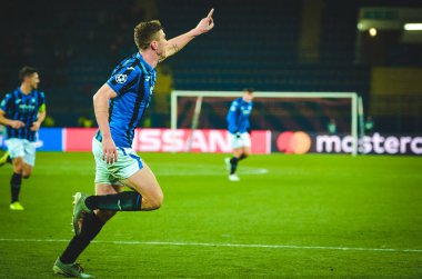 KHARKIV, UKRAINE - December 11, 2019: Robin Gosens celebrate goal scored during the UEFA Champions League match between Shakhtar vs Atalanta Bergamasca Calcio BC (Italy), Ukraine