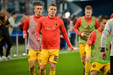 SAINT-PETERSBURG, RUSSIA - November 16, 2019: Thorgan Hazard and Belgium national football team training session during UEFA EURO 2020 qualifying match between Russia against Belgium, Russia