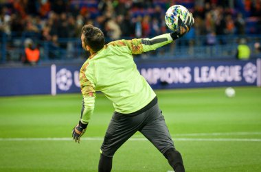 KHARKIV, UKRAINE - September 18, 2019: Goalkeeper throws the ball into the field during the UEFA Champions League match between Shakhtar Donetsk vs Manchester City, Ukraine