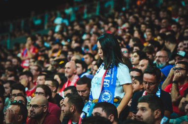 Istanbul, Turkey - August 14, 2019: Chelsea  Football fan girl during the UEFA Super Cup Finals match between Liverpool and Chelsea at Vodafone Park in Vodafone Arena, Turkey
