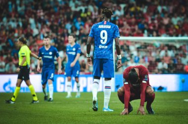 Istanbul, Turkey - August 14, 2019: Tammy Abraham and Virgil van Dijk during the UEFA Super Cup Finals match between Liverpool and Chelsea at Vodafone Park in Vodafone Arena, Turkey