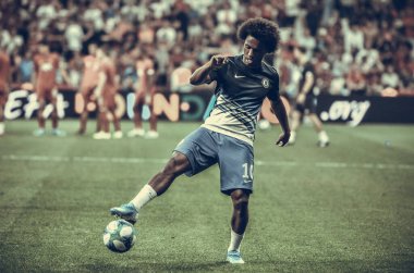 Istanbul, Turkey - August 14, 2019: Willian player during the UEFA Super Cup Finals match between Liverpool and Chelsea in Vodafon Arena stadium, Turkey