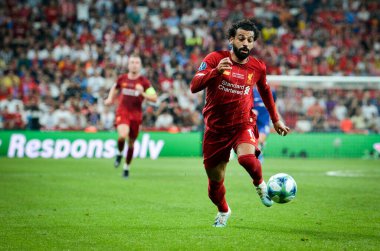 Istanbul, Turkey - August 14, 2019: Mohamed Salah player during the UEFA Super Cup Finals match between Liverpool and Chelsea at Vodafone Park in Vodafone Arena, Turkey