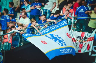 Istanbul, Turkey - August 14, 2019: Chelsea  Football fans and spectators during the UEFA Super Cup Finals match between Liverpool and Chelsea at Vodafone Park in Vodafon Arena, Turkey