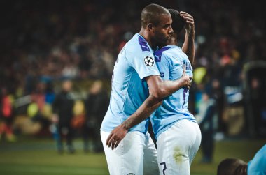 KHARKIV, UKRAINE - September 18, 2019: Gabriel Jesus and Fernandinho celebrate goal scored during the UEFA Champions League match between Shakhtar vs Manchester City (England), Ukraine