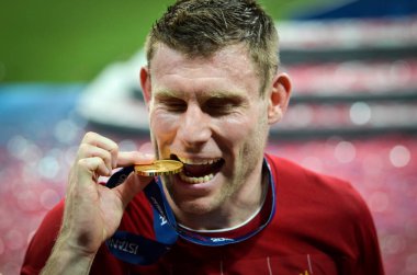 Istanbul, Turkey - August 14, 2019:  James Milner with his gold medal during the UEFA Super Cup Finals match between Liverpool and Chelsea at Vodafone Park in Vodafone Arena, Turkey