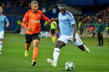 Kharkiv, Ukrayna - 18 Eylül 2019: Benjamin Mendy Uefa Şampiyonlar Ligi karşılaşmasında Shakhtar Donetsk - Manchester City (İngiltere), Ukrayna