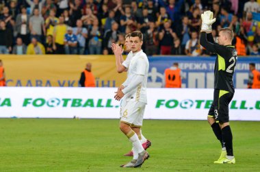DNIPRO, UKRAINE - September 10, 2019: Ukraine national team players celebrate with fans and thank them for their support during the friendly match between Ukraine against Nigeria, Ukraine