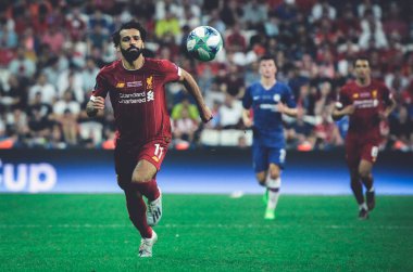 Istanbul, Turkey - August 14, 2019: Mohamed Salah player during the UEFA Super Cup Finals match between Liverpool and Chelsea at Vodafone Park in Vodafone Arena, Turkey