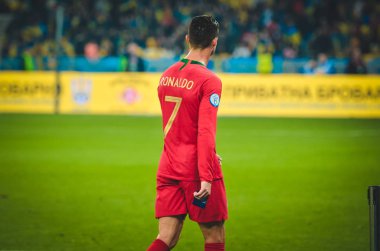 Kyiv, Ukrayna - 14 Ekim 2019: Uefa Euro 2020 ön eleme maçında Ukrayna milli takımı Ukrayna ile Ukrayna milli takımı arasında oynanan Cristiano Ronaldo
