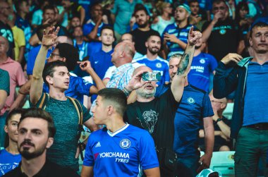 Istanbul, Turkey - August 14, 2019: Chelsea  Football fans and spectators during the UEFA Super Cup Finals match between Liverpool and Chelsea at Vodafone Park in Vodafon Arena, Turkey