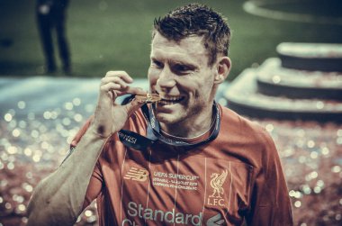 Istanbul, Turkey - August 14, 2019:  James Milner with his gold medal during the UEFA Super Cup Finals match between Liverpool and Chelsea at Vodafone Park in Vodafone Arena, Turkey