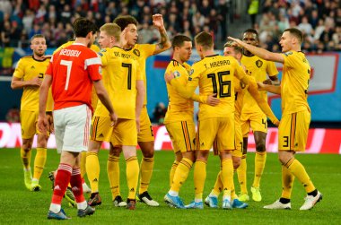 SAINT-PETERSBURG, RUSSIA - November 16, 2019: Belgium national team celebrate goal scored during UEFA EURO 2020 qualifying match between Russia against Belgium team, Russia