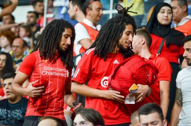 Istanbul, Turkey - August 14, 2019: Liverpool Football fans and spectators during the UEFA Super Cup Finals match between Liverpool and Chelsea at Vodafone Park in Vodafon Arena, Turkey