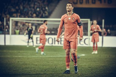 Kyiv, Ukrayna - 14 Ekim 2019: Uefa Euro 2020 ön eleme maçında Ukrayna milli takımı Ukrayna ile Ukrayna milli takımı arasında oynanan Cristiano Ronaldo