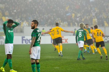 LVIV, UKRAINE - November 07, 2019: Alexandria player celebrate goal scored during the UEFA Europa League match between Alexandria (Ukraine) vs AS Saint Etienne (France), Ukraine