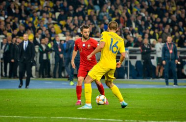 Kyiv, Ukrayna - 14 Ekim 2019: Uefa Euro 2020 ön eleme karşılaşmasında Ukrayna milli takımı Ukrayna ile Ukrayna milli takımı arasında oynanan karşılaşmada Bernardo Silva