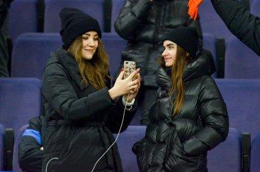 KHARKIV, UKRAINE - December 11, 2019: Football support their team  during the UEFA Champions League match between Shakhtar vs Atalanta Bergamasca Calcio BC (Italy), Ukraine