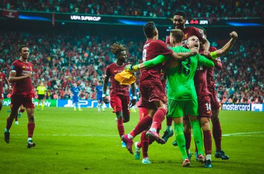 Istanbul, Turkey - August 14, 2019: Liverpool  players celebrates victory in UEFA Super Cup during the UEFA Super Cup Finals match between Liverpool and Chelsea at Vodafone Park, Turkey