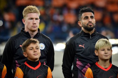 KHARKIV, UKRAINE - September 18, 2019: Kevin De Bruyne and Riyad Mahrez during the UEFA Champions League match between Shakhtar Donetsk vs Manchester City (England), Ukraine