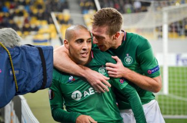 LVIV, UKRAINE - November 07, 2019: Robert Beric  and Wahbi Khazri celebrate goal scored during the UEFA Europa League match between Alexandria vs AS Saint Etienne (France), Ukraine