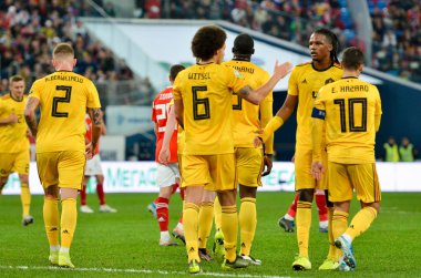SAINT-PETERSBURG, RUSSIA - November 16, 2019: Belgium national team celebrate goal scored during UEFA EURO 2020 qualifying match between Russia against Belgium team, Russia