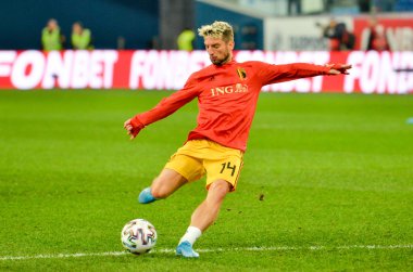 SAINT-PETERSBURG, RUSSIA - November 16, 2019: Dries Mertens and Belgium national football team training session during UEFA EURO 2020 qualifying match between Russia against Belgium, Russia