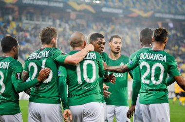 LVIV, UKRAINE - November 07, 2019: Wahbi Khazri  and AS Saint Etienne celebrate goal scored during the UEFA Europa League match between Alexandria (Ukraine) vs AS Saint Etienne (France), Ukraine