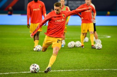 SAINT-PETERSBURG, RUSSIA - November 16, 2019: Timothy Castagne and Belgium national football team training session during UEFA EURO 2020 qualifying match between Russia against Belgium, Russia