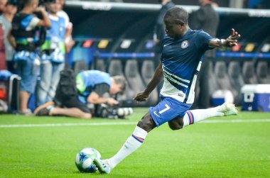Istanbul, Turkey - August 14, 2019: N'Golo Kante player during the UEFA Super Cup Finals match between Liverpool and Chelsea in Vodafone Arena stadium, Turkey