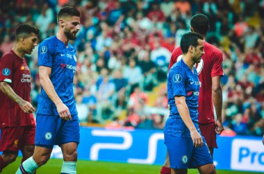 Istanbul, Turkey - August 14, 2019: Pedro and Olivier Giroud during the UEFA Super Cup Finals match between Liverpool and Chelsea at Vodafone Park in Vodafone Arena, Turkey