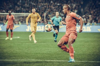 Kyiv, Ukrayna - 14 Ekim 2019: Uefa Euro 2020 ön eleme maçında Joao Mario, Portekiz milli takımı Ukrayna 'ya karşı oynamıştır.
