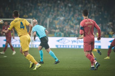 Kyiv, Ukrayna - 14 Ekim 2019: Uefa Euro 2020 ön eleme maçında Ukrayna milli takımı Ukrayna ile Ukrayna milli takımı arasında oynanan Cristiano Ronaldo