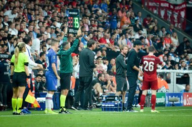 Istanbul, Turkey - August 14, 2019:  Andrew Robertson player during the UEFA Super Cup Finals match between Liverpool and Chelsea at Vodafone Park in Vodafone Arena, Turkey