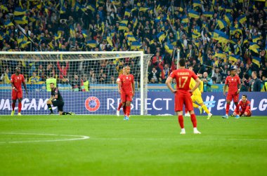 Kyiv, Ukrayna - 14 Ekim 2019: Uefa Euro 2020 ön eleme maçında Ukrayna milli takımı Ukrayna ile Portekiz, Ukrayna maçında atılan golü kutladı
